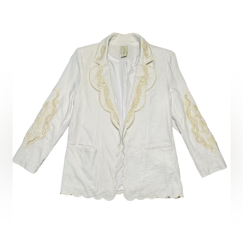 Joie White/Ivory Linen Blend Blazer w/Cream Embroidery Scallop Edges Small